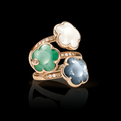 Green Agate, White Mother of Pearl, and Onyx & Moonstone Flower Ring in 18K Rose Gold, 0.14cttw