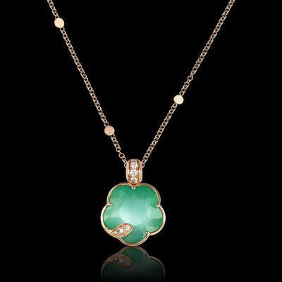Green Agate and Moonstone, White & Brown Diamond Necklace in 18K Rose Gold, 0.12cttw