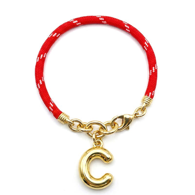 The Red Happy Cord "C" Charm Bracelet in Brass Bronze with Yellow Gold Tone