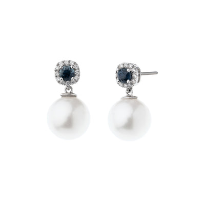 Diamond Halo, Blue Sapphire, and Cultured Pearl Drop Earrings in 14K White Gold, 0.53cttw