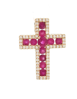 Diamond-Lined Round Ruby Cross Pendant in 14K Yellow Gold, 0.94cttw