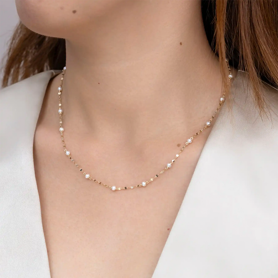 Cultured Pearl Station Necklace in 14K Yellow Gold, 3.3.5mm