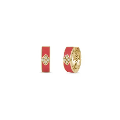 Love in Verona Diamond and Coral Enamel Hoop Earrings in 18K Yellow Gold