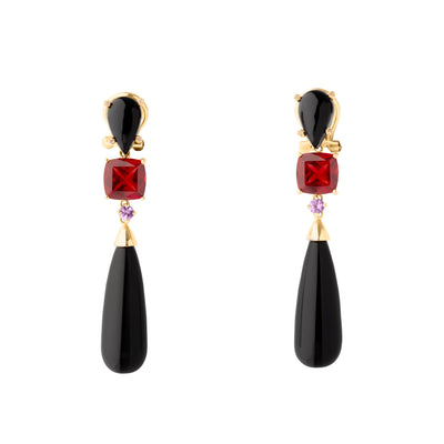 Diamond Accent Black Onyx, Purple Sapphire, and Garnet Drop Earrings in 14K Yellow Gold, 22.61cttw