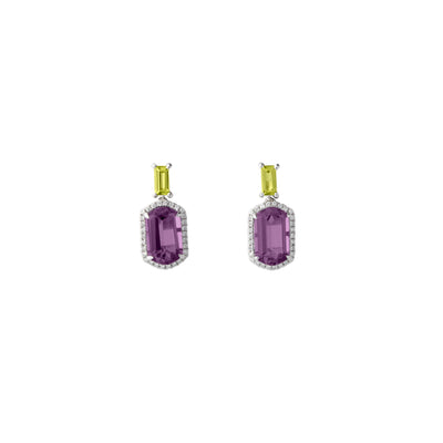 Diamond Halo Cushion Amethyst, and Peridot Drop Earrings in 14K White Gold, 4.10cttw