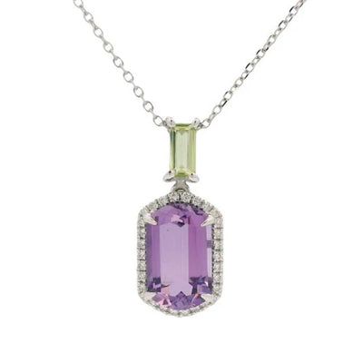 Diamond Halo Amethyst  and Peridot Necklace in 18K White Gold, 2.00cttw