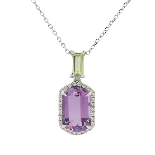 Diamond Halo Amethyst  and Peridot Necklace in 18K White Gold, 2.00cttw