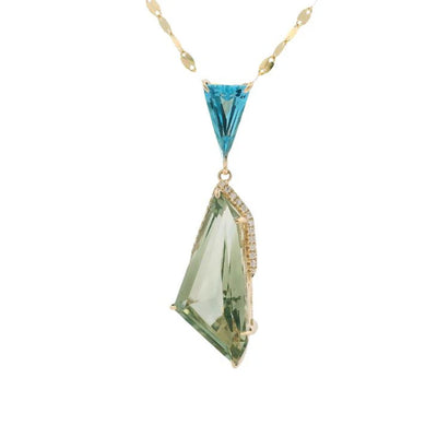 Diamond, Prasiolite, and Blue Topaz Pendant Necklace in 14K Yellow Gold, 9.25cttw