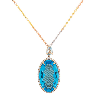Blue Topaz and Diamond Halo Oval-Cut Aquamarine Pendant Chain Necklace in 14K Yellow Gold, 13.01cttw