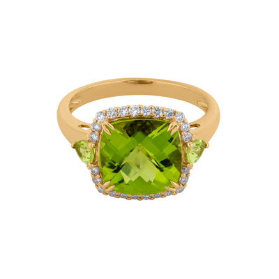 Diamond Halo Cushion-Cut Peridot Cocktail Ring in 14K Yellow Gold, 4.36cttw