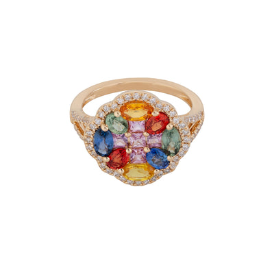 Princessa Pavé Diamond Halo Multicolor Sapphire Flower Ring in 14K Yellow Gold, 2.61cttw