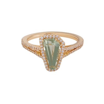 Pavé Diamond Halo Prasiolite Cocktail Ring in 14K Yellow Gold with Yellow Sapphire Accent, 1.97cttw