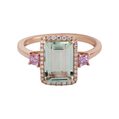 Pink Sapphire and Diamond Halo Cushion-Cut Prasiolite Cocktail Ring in 14K Rose Gold, 2.87cttw