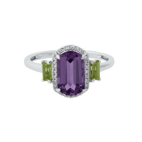 Diamond Halo Cushion Amethyst and Peridot Ring in 14K White Gold, 2.12cttw