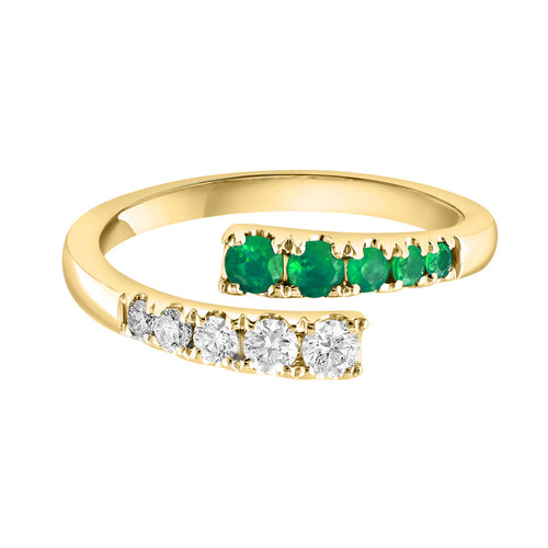 Diamond and Green Emerald Bypass Ring in 14K Yellow Gold, 0.54cttw