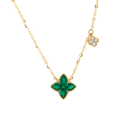 Green Pear-Cut Emerald Flower Pendant and Diamond Flower Accent Necklace in 14K Yellow Gold, 0.96cttw