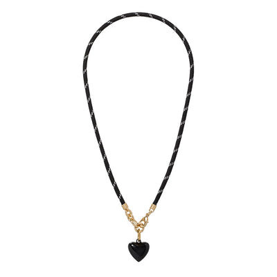 The Happy Black Cord with Black Enamel Puffy Heart Charm Necklace