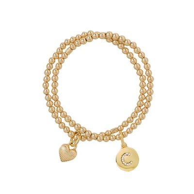 The Initial "C" Beaded Bracelet Duo in Gold Tone Brass