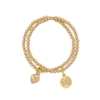 The Initial "M" Beaded Bracelet Duo in Gold Tone Brass