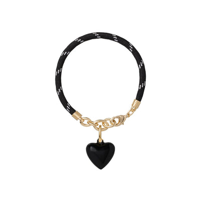 The Happy Black Cord with Black Enamel Puffy Heart Charm Bracelet