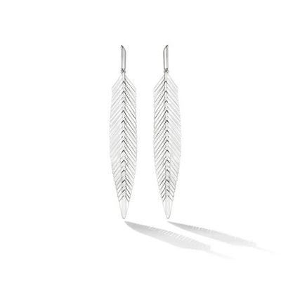 Feather Drop Earrings in 18K White Gold
