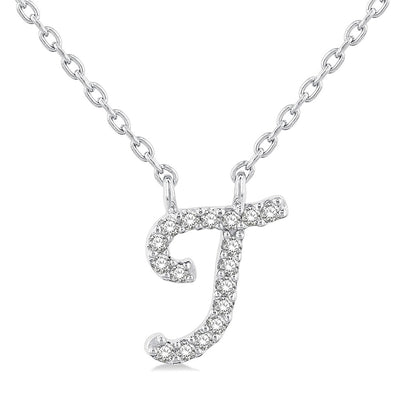 Pavé Diamond Cursive Initial "T" Necklace in 14K White Gold, 0.05cttw