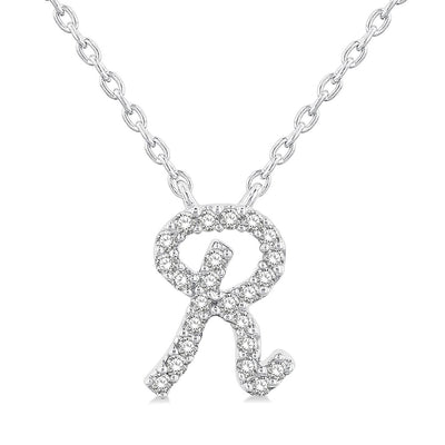 Pavé Diamond Cursive Initial "R" Necklace in 14K White Gold, 0.05cttw