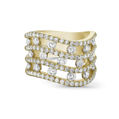 Triple Row Curved Floating Diamond Ring in 18K Yellow Gold, 2.07cttw