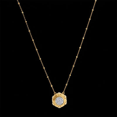 Tapper's Estate Collection | 14K Yellow Gold Vintage Pavé Diamond Face Intricate Rounded Disc Pendant Beaded Chain Necklace, 0.50cttw