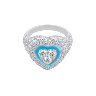 Pavé Diamond Heart Ring in 18K White Gold with Light Blue Enamel, 2.48cttw
