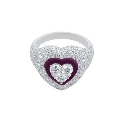 Pavé Diamond Heart Ring in 18K White Gold with Plum Enamel, 2.48cttw