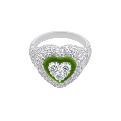 Pavé Diamond Heart Ring in 18K White Gold with Green Enamel, 2.48cttw