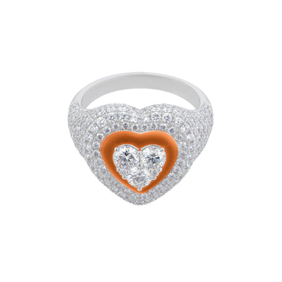 Pavé Diamond Heart Ring in 18K White Gold with Orange Enamel, 2.48cttw