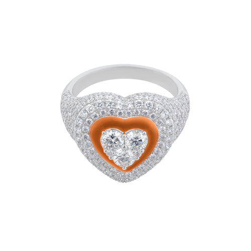 Pavé Diamond Heart Ring in 18K White Gold with Orange Enamel, 2.48cttw