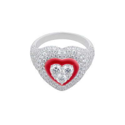 Pavé Diamond Heart Ring in 18K White Gold with Red Enamel, 2.48cttw