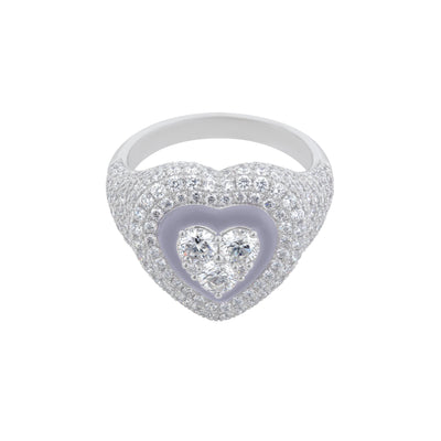 Pavé Diamond Heart Ring in 18K White Gold with Light Purple Enamel, 2.48cttw