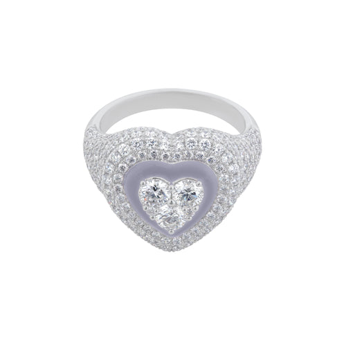 Pavé Diamond Heart Ring in 18K White Gold with Light Purple Enamel, 2.48cttw