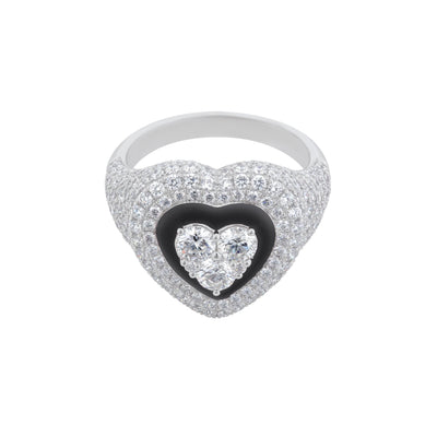 Pavé Diamond Heart Ring in 18K White Gold with Black Enamel, 2.48cttw