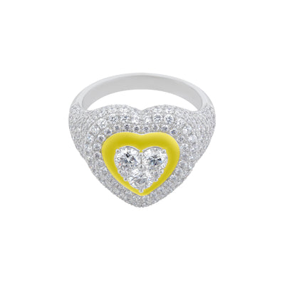 Pavé Diamond Heart Ring in 18K White Gold with Yellow Enamel, 2.48cttw