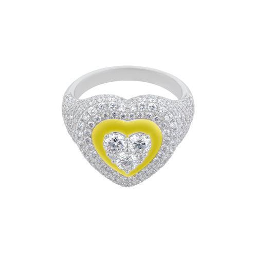 Pavé Diamond Heart Ring in 18K White Gold with Yellow Enamel, 2.48cttw