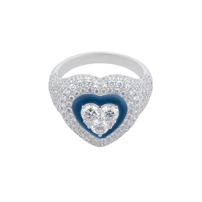 Pavé Diamond Heart Ring in 18K White Gold with Blue Enamel, 2.48cttw