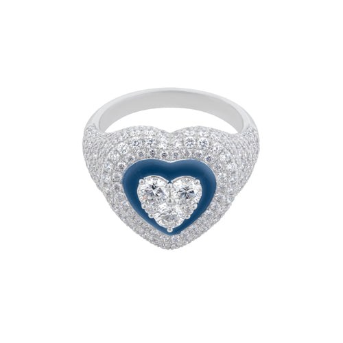 Pavé Diamond Heart Ring in 18K White Gold with Blue Enamel, 2.48cttw