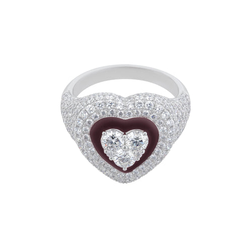 Pavé Diamond Heart Ring in 18K White Gold with Brown Enamel, 2.48cttw