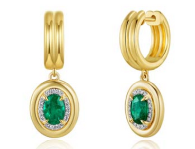 Diamond Halo Oval Emerald Medallion Drop Earrings in 14K Yellow Gold, 1.04cttw