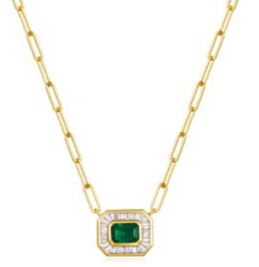 Bezel-Set Emerald and Baguette Diamond Halo Paperclip Necklace in 14K Yellow Gold, 0.80cttw