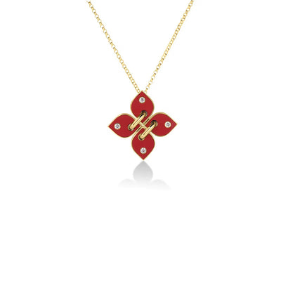 Love In Verona Diamond and Coral Enamel Large Flower Necklace in 18K Yellow Gold