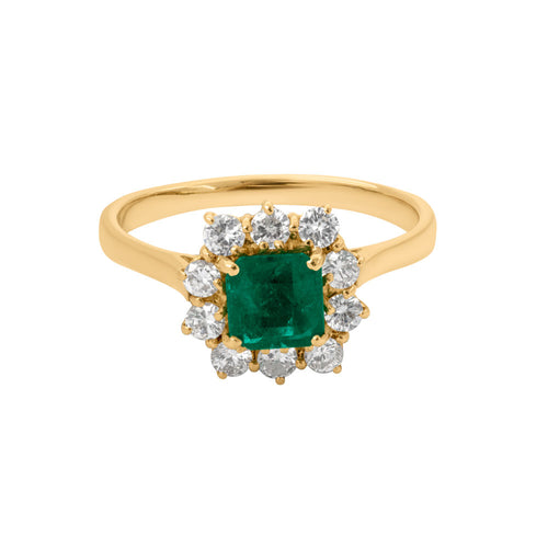 Estate Diamond Halo Asscher-Cut Green Emerald Flower Ring in 18K Yellow Gold, 1.60cttw
