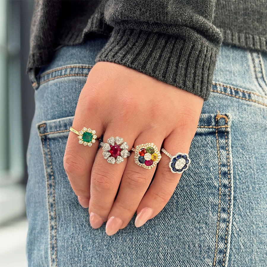 Estate Diamond Halo Asscher-Cut Green Emerald Flower Ring in 18K Yellow Gold, 1.60cttw