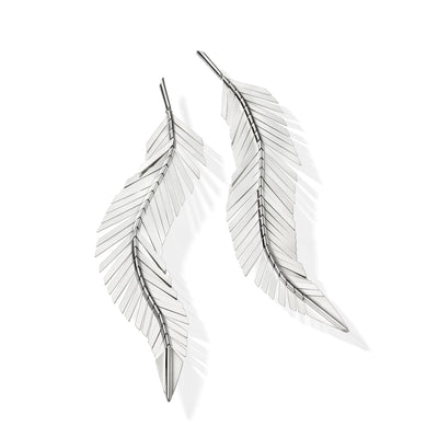 Feather Drop Earrings in 18K White Gold, Large