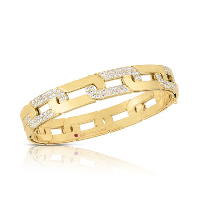 Navarra Large Alternating Diamond Link Wide Bangle in 18K Yellow Gold, Medium